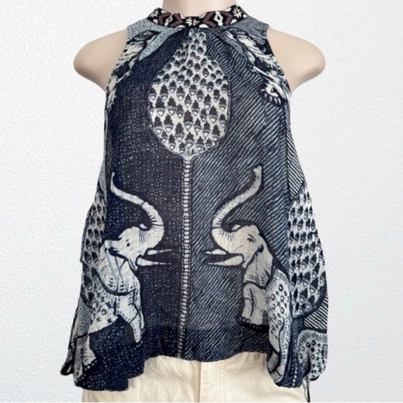Free People Boho Festival Beachy Baby Ride Easy Elephant Tank SZ S Blue/White - Picture 2 of 12